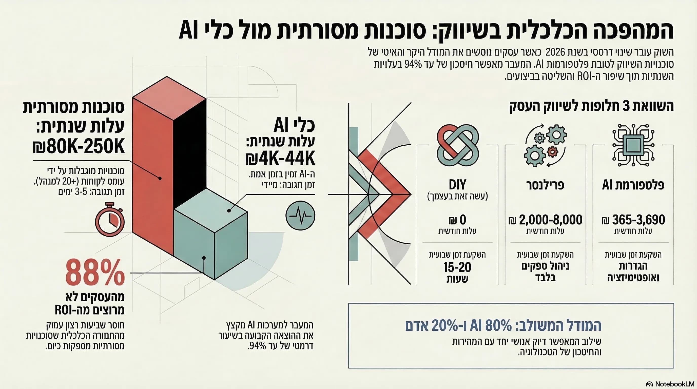 אינפוגרפיקה: השוואת עלויות סוכנות שיווק מול פלטפורמת AI — חיסכון של עד 94%
