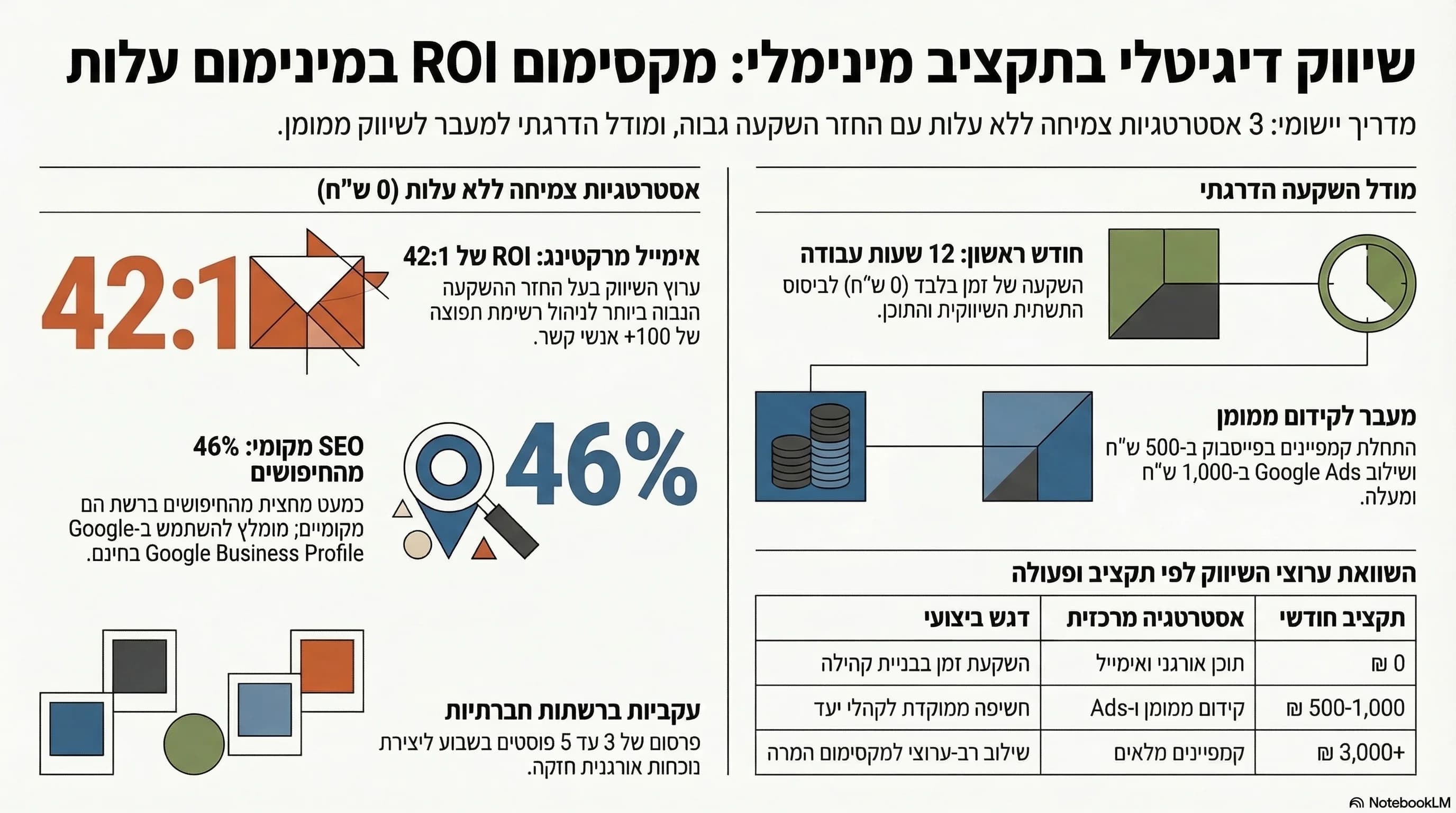 אינפוגרפיקה: שיווק דיגיטלי בתקציב קטן — 5 אסטרטגיות חינמיות עם ROI של 42:1
