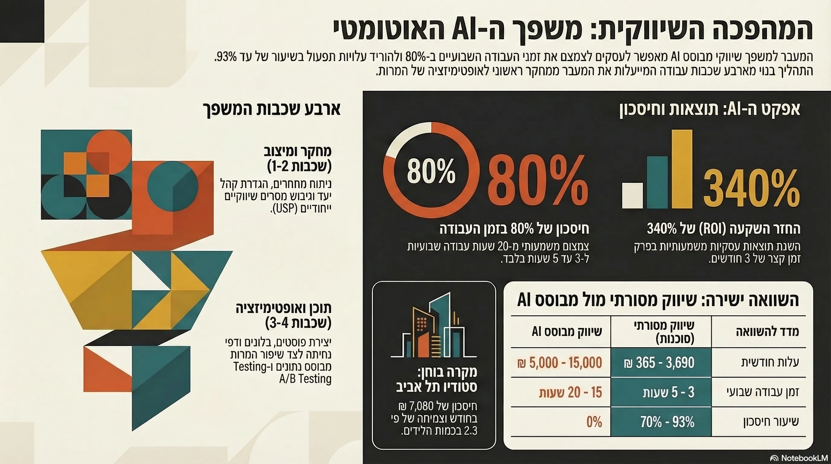 אינפוגרפיקה: משפך שיווקי AI, 4 שכבות מ-15-20 שעות ל-3-5 שעות בשבוע
