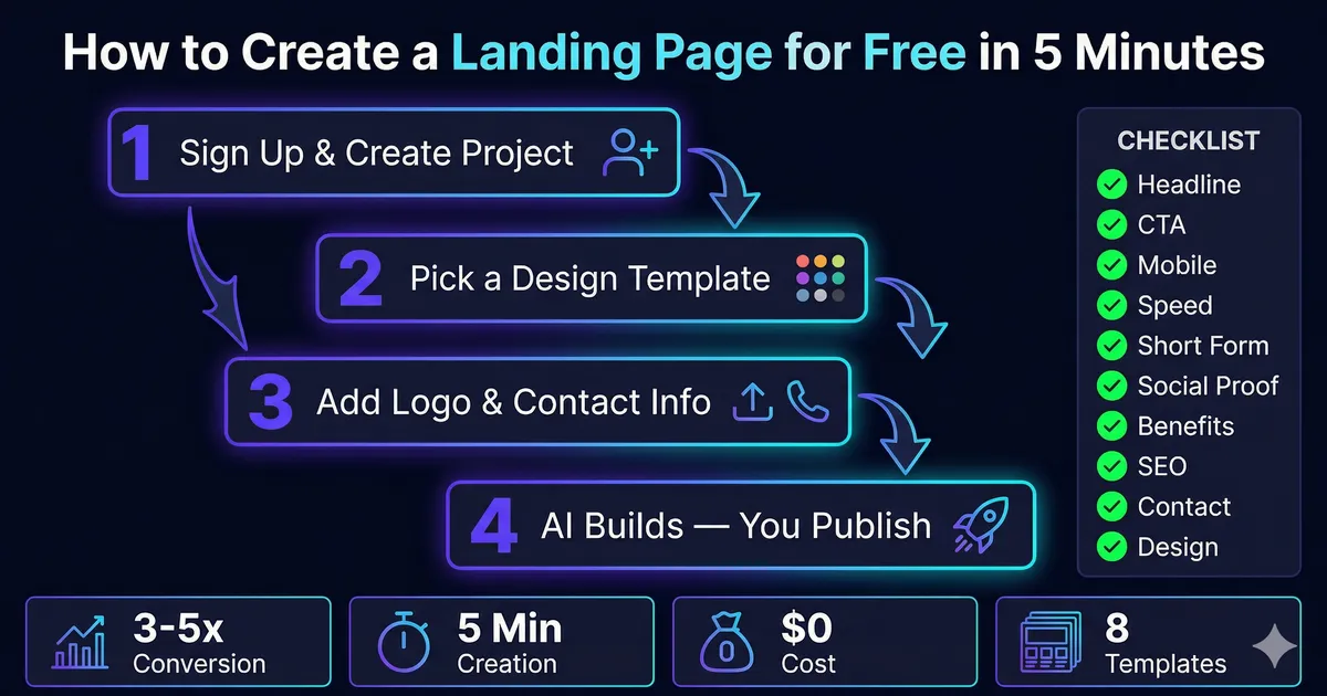 Infographic, How to create a free landing page in 5 minutes