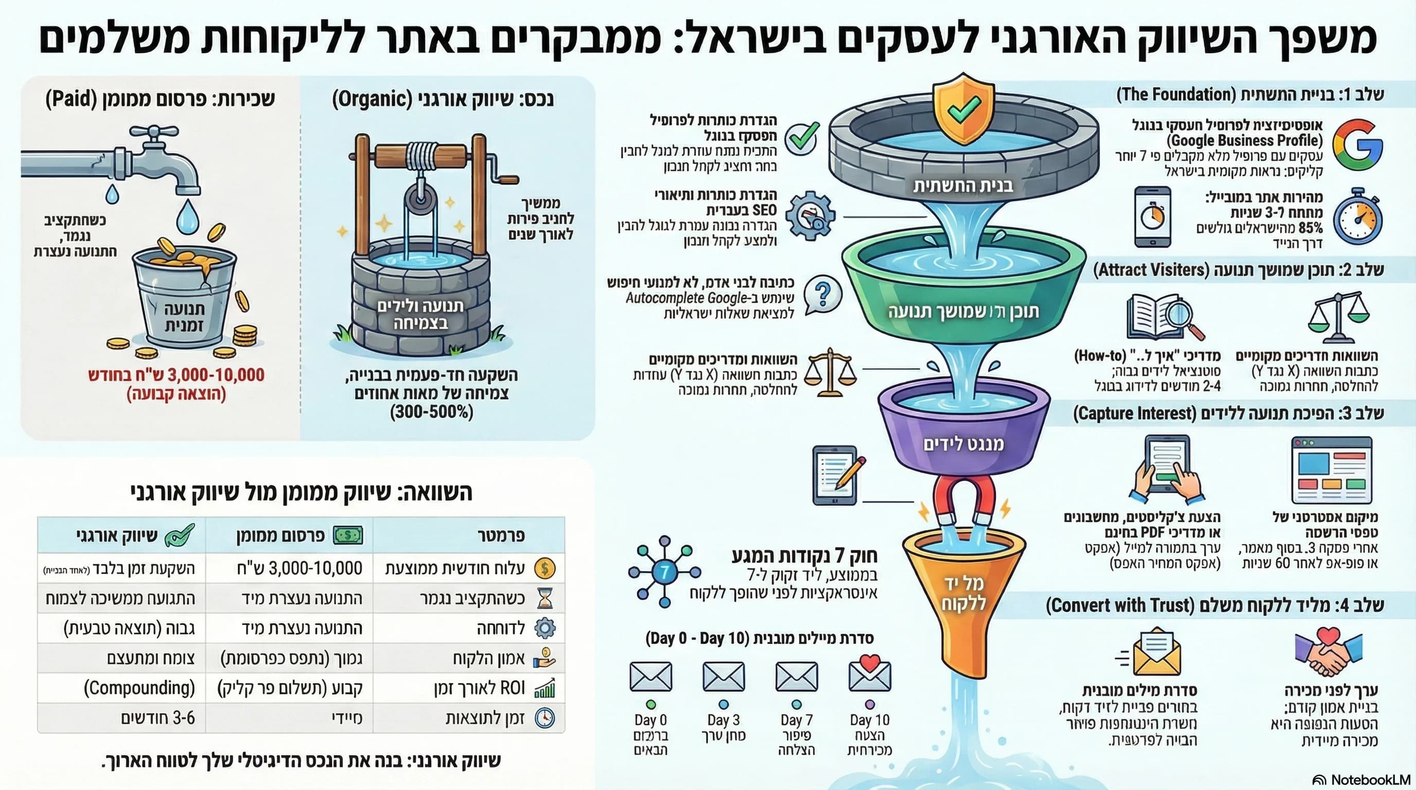 אינפוגרפיקה: מדריך שיווק אורגני לעסקים קטנים ובינוניים בישראל, נתונים, סטטיסטיקות ושלבי המשפך