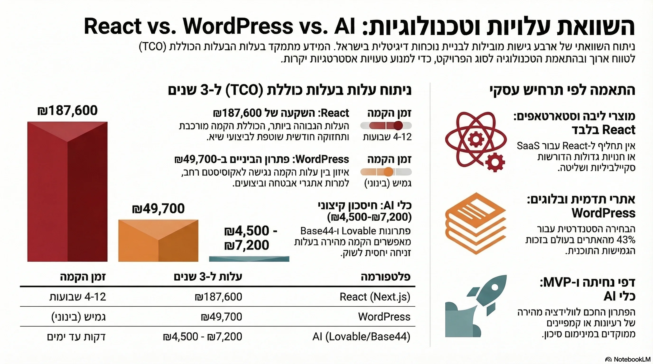 אינפוגרפיקה: React מול WordPress מול AI Builders, עלות 3 שנים ומטריצת השוואה