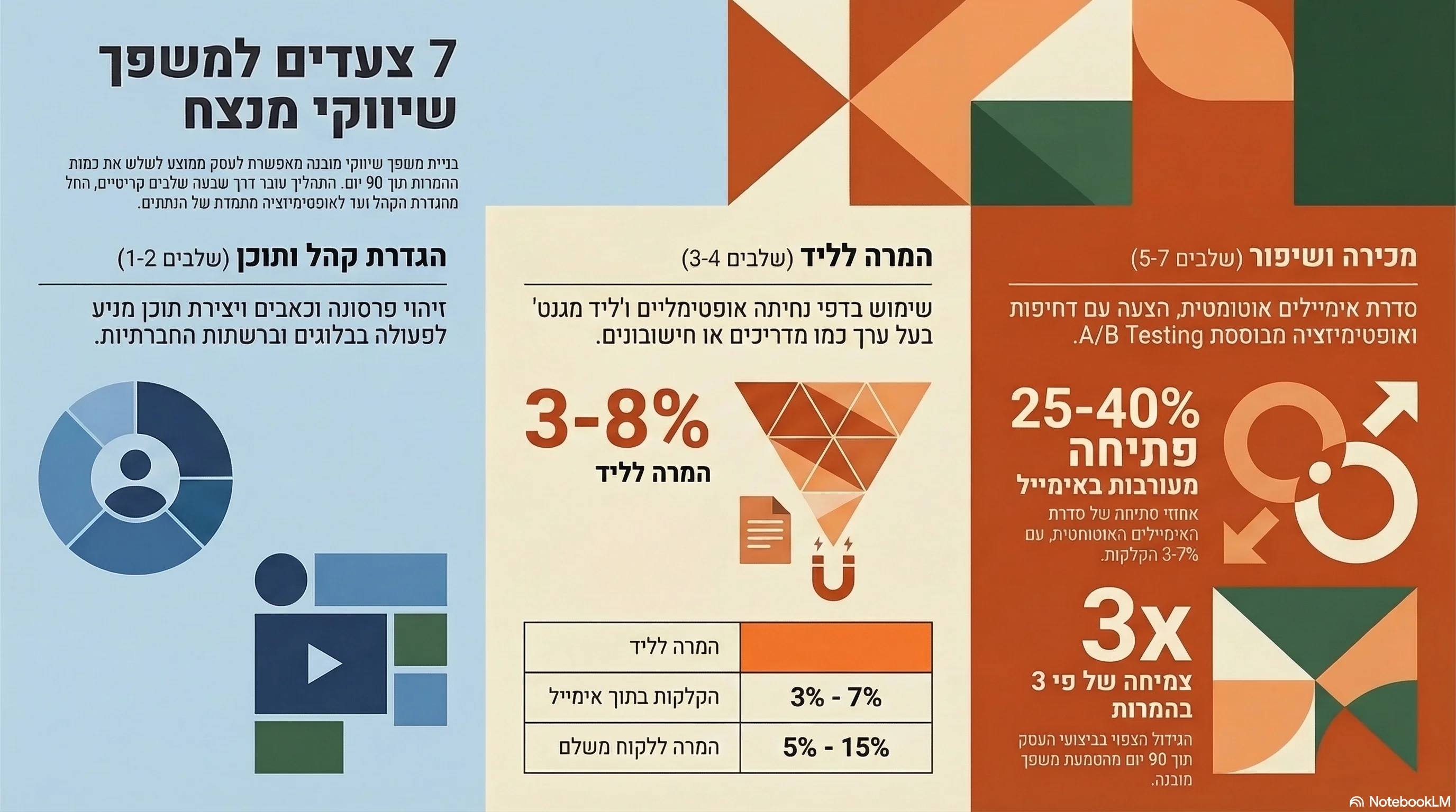 אינפוגרפיקה: 7 צעדים לבניית משפך שיווקי — מקהל יעד ועד אופטימיזציה